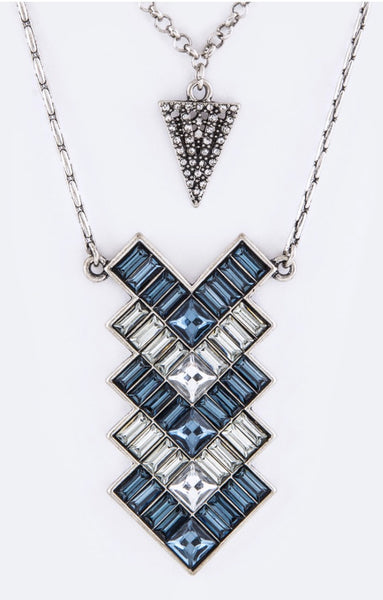 Blue clear crystal chevron layer necklace
