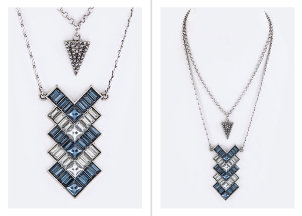 Blue clear crystal chevron layer necklace