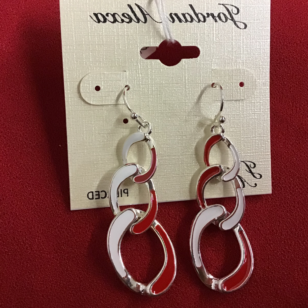 Silver, red and white chain link drop earrings