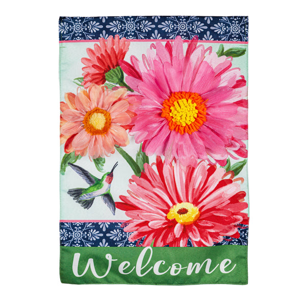 Gerberas and Hummingbird Garden Linen Flag