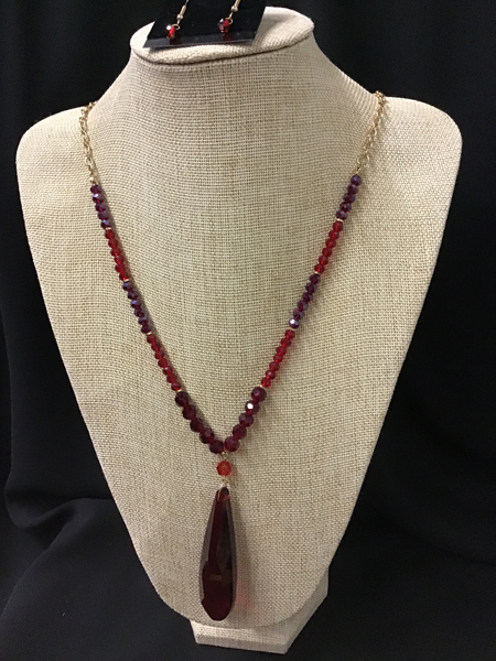 Red beaded necklace with large drop pendant necklace set
