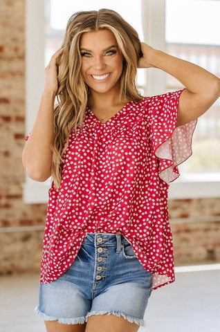 Red flower Ruffle Sleeve Top