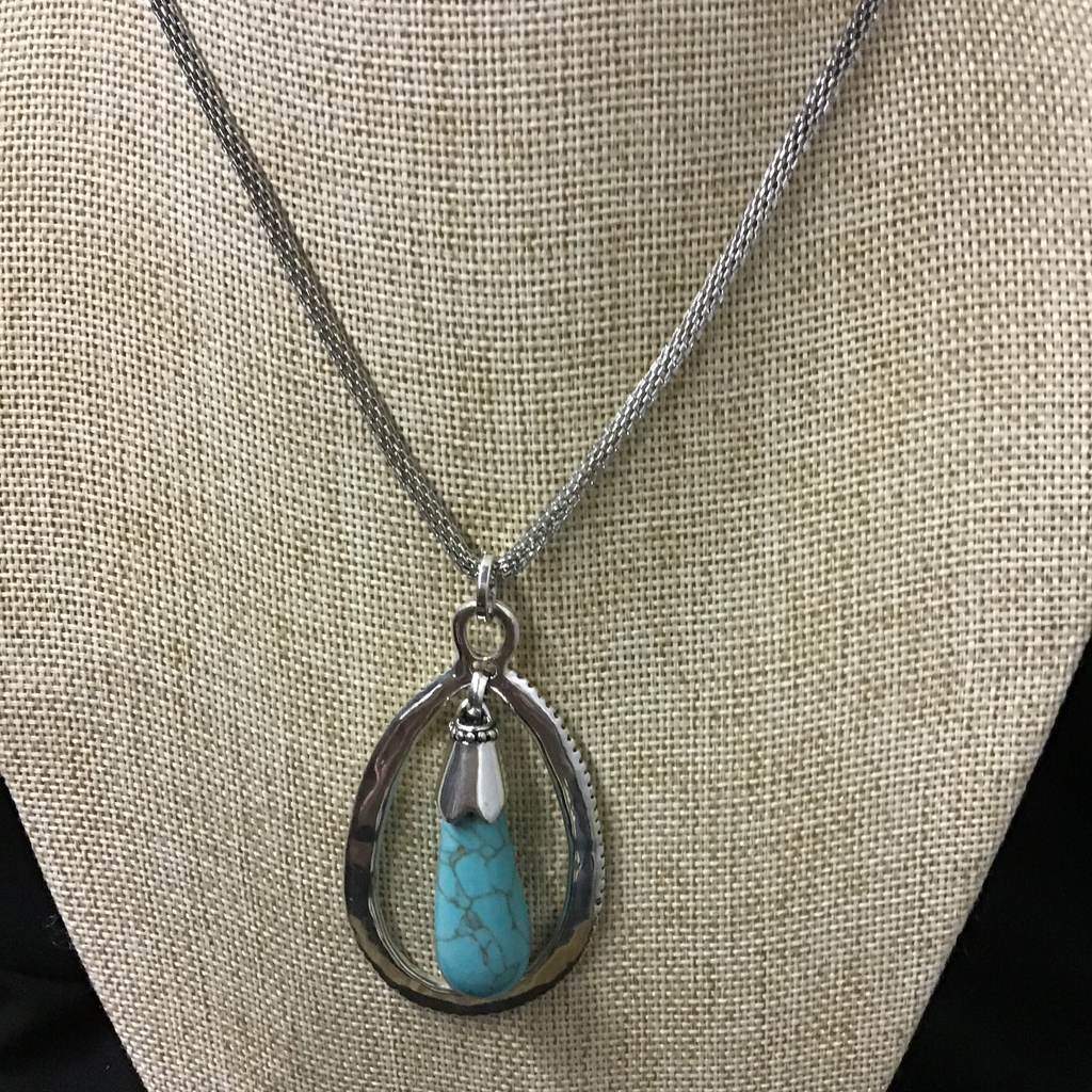Silver mesh chain with a turquoise stone drop inside silver hoop necklace set