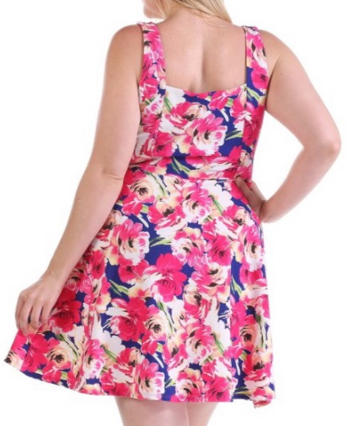 Royal blue navy and pink Floral swing dress PLUS