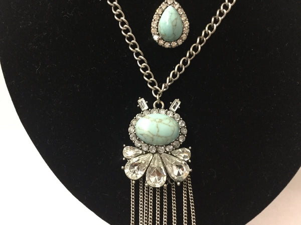 Turquoise fringe chains layer necklace