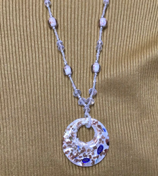 Clear bead necklace Set with ivory, gold, royal blue pendant