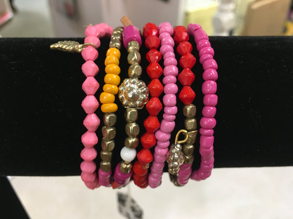 Pink red yellow boho flower charm 7 line bracelet
