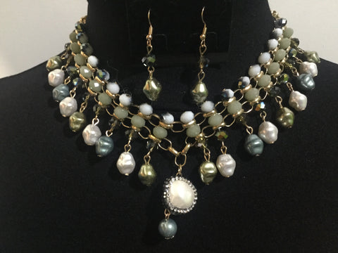 Blue green multi beads necklace set
