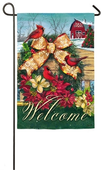 Winter Cardinal Welcome Wreath garden flag