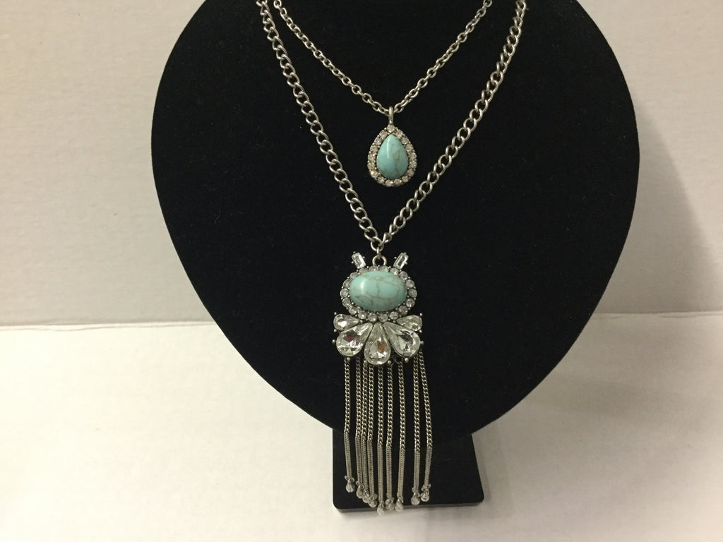 Turquoise fringe chains layer necklace