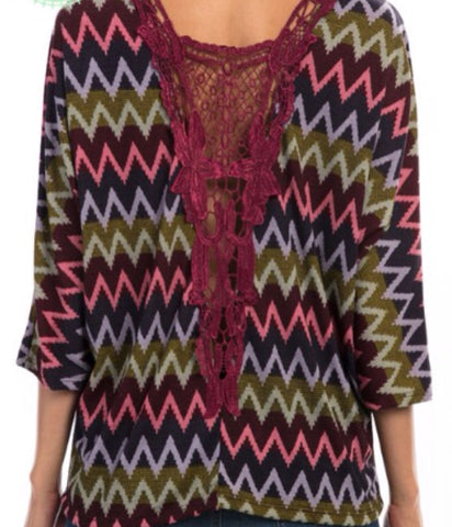Burgundy chevron Crochet Back top